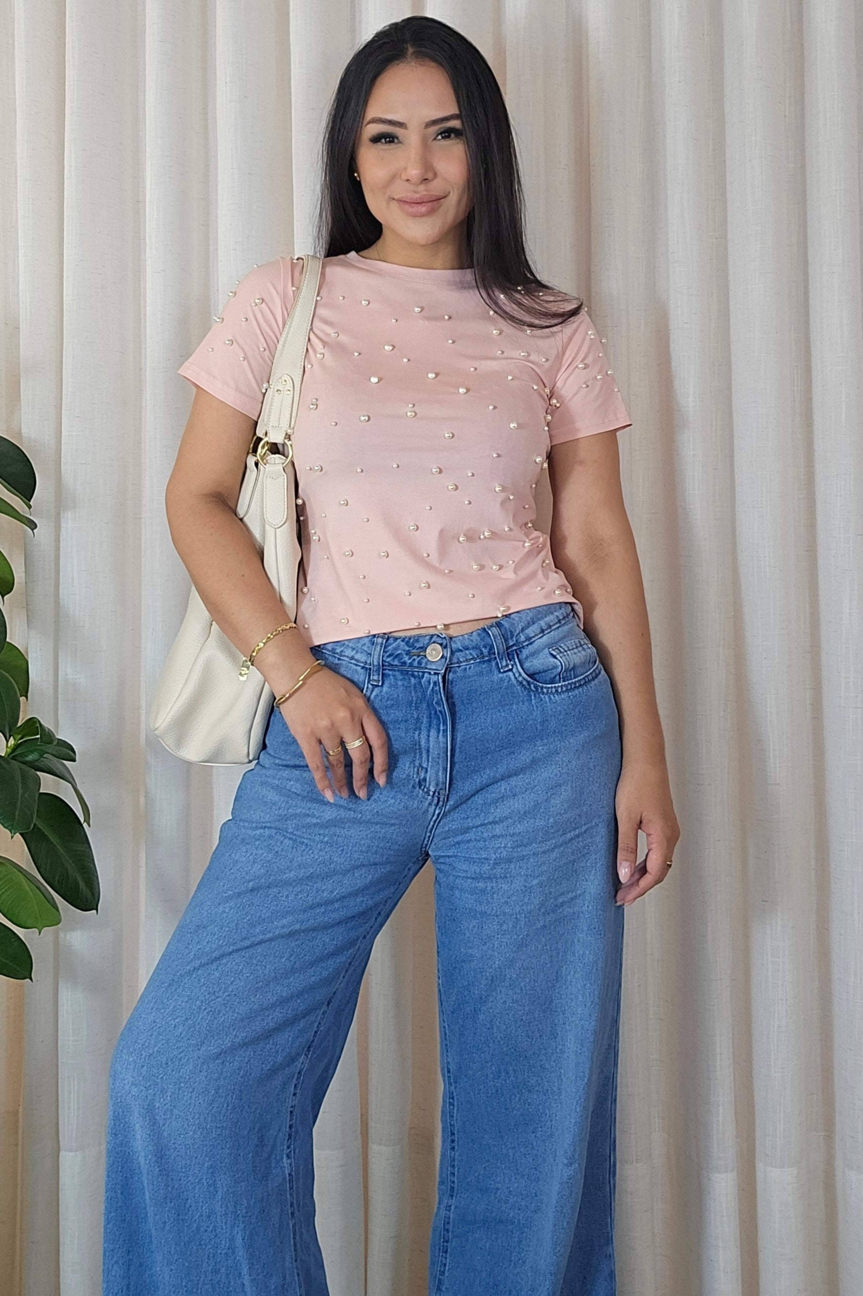 Blusa Lara em Algodão com aplique de pérolas - Em cores