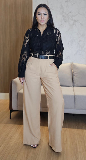 Calça Pantalona Feminina de Alfaiataria Nude – Caimento Impecável e Elegância Atemporal