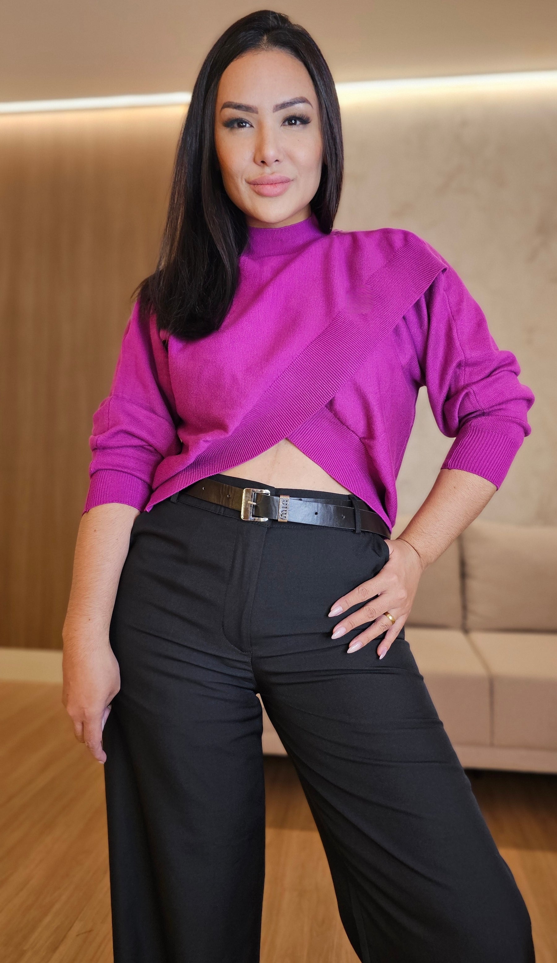 Blusa magenta Feminina Tricot com Detalhe Transpassado e Elastano