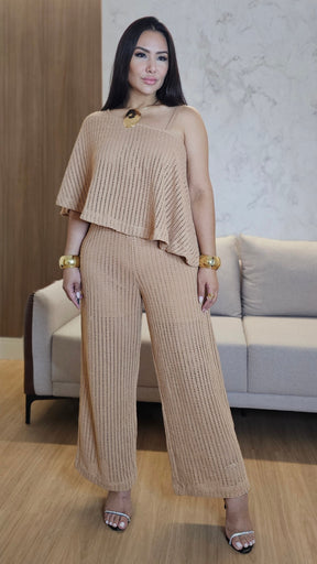 Conjunto Feminino de Tricô Premium Nude – Blusa Versátil e Calça com Dupla Possibilidade de Uso