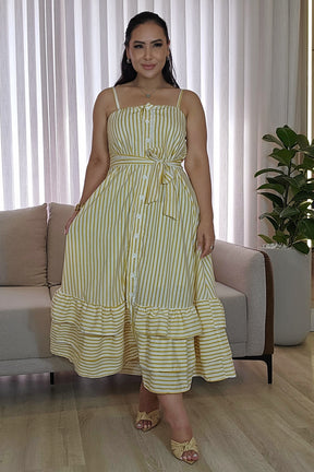 Vestido Listrado com Faixa e babados