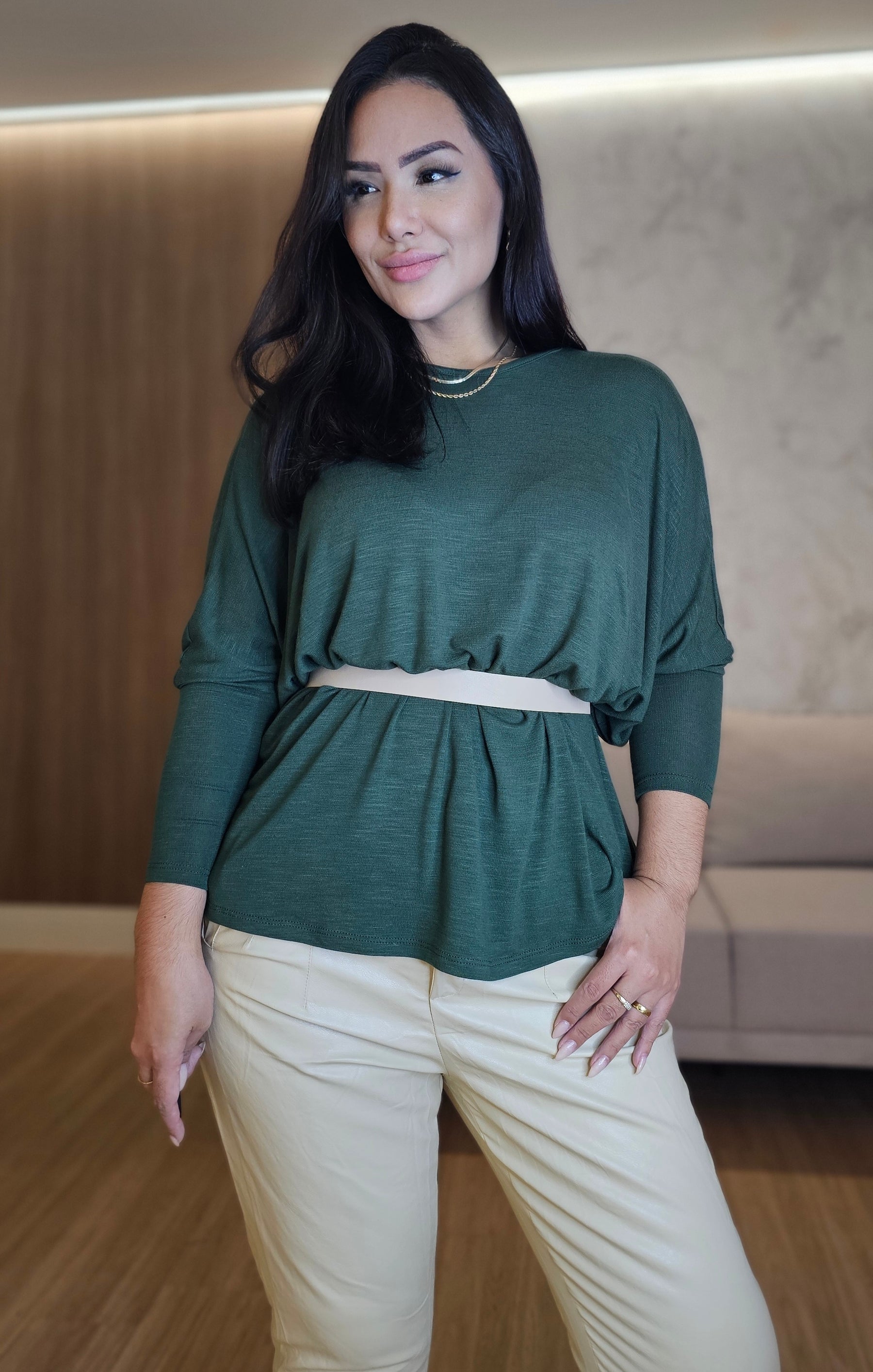 Blusa ampla Feminina Verde - Manga Longa