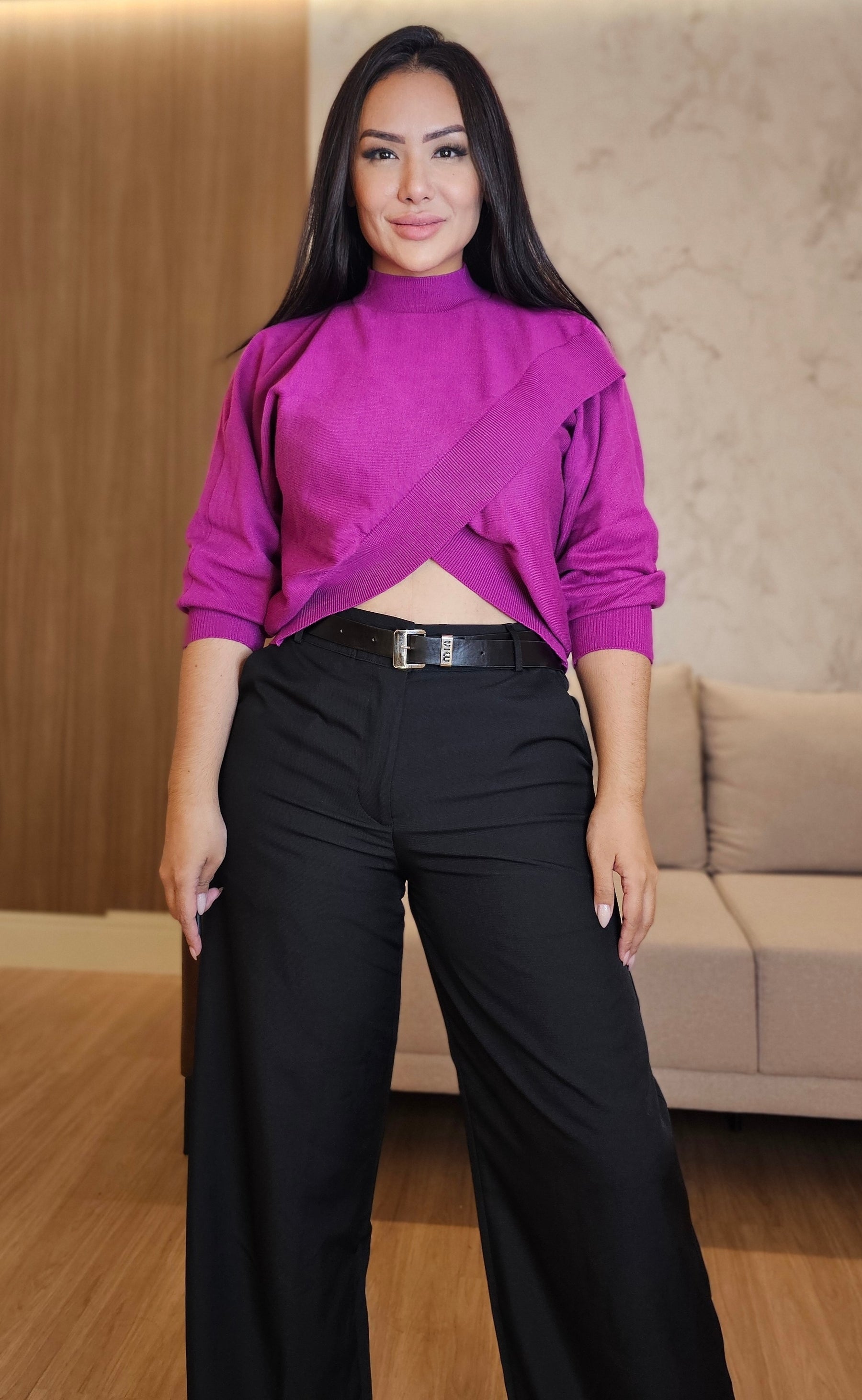 Blusa magenta Feminina Tricot com Detalhe Transpassado e Elastano