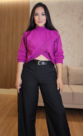 Blusa magenta Feminina Tricot com Detalhe Transpassado e Elastano