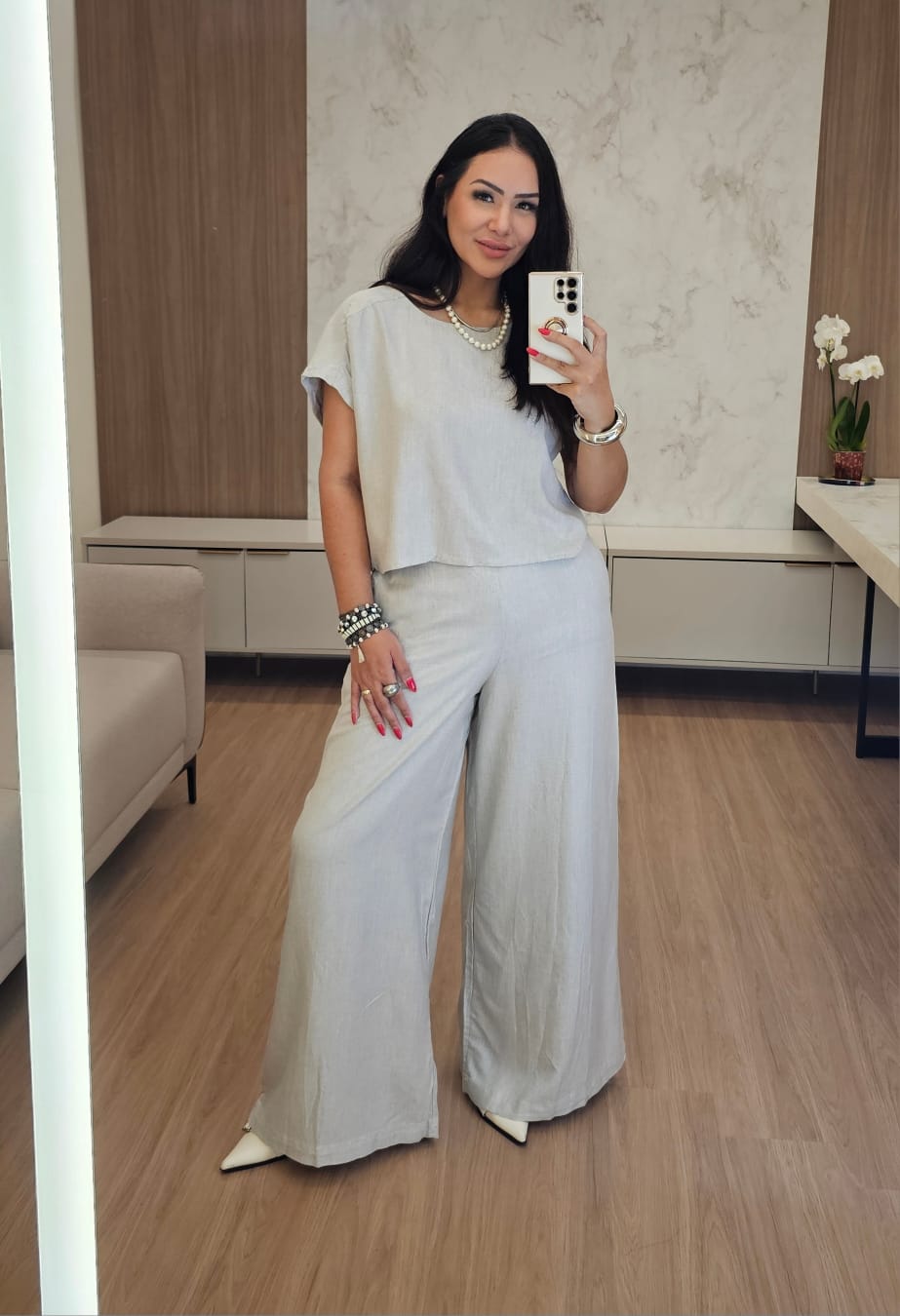 Conjunto Luxo Feminino de Pantalona - cinza claro