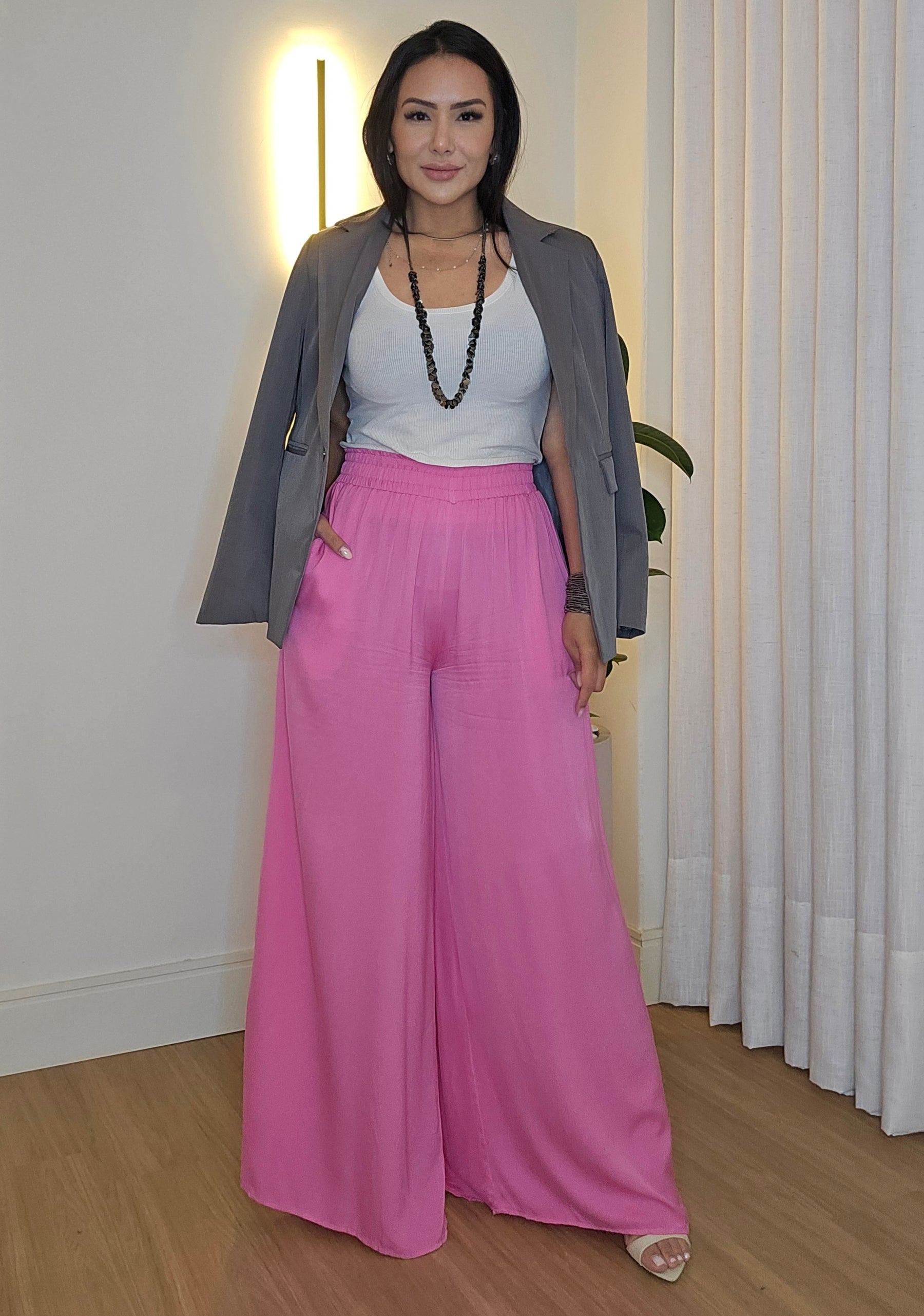 Pantalona Rosa Feminina com Forro e Bolsos Laterais – Tamanho Único