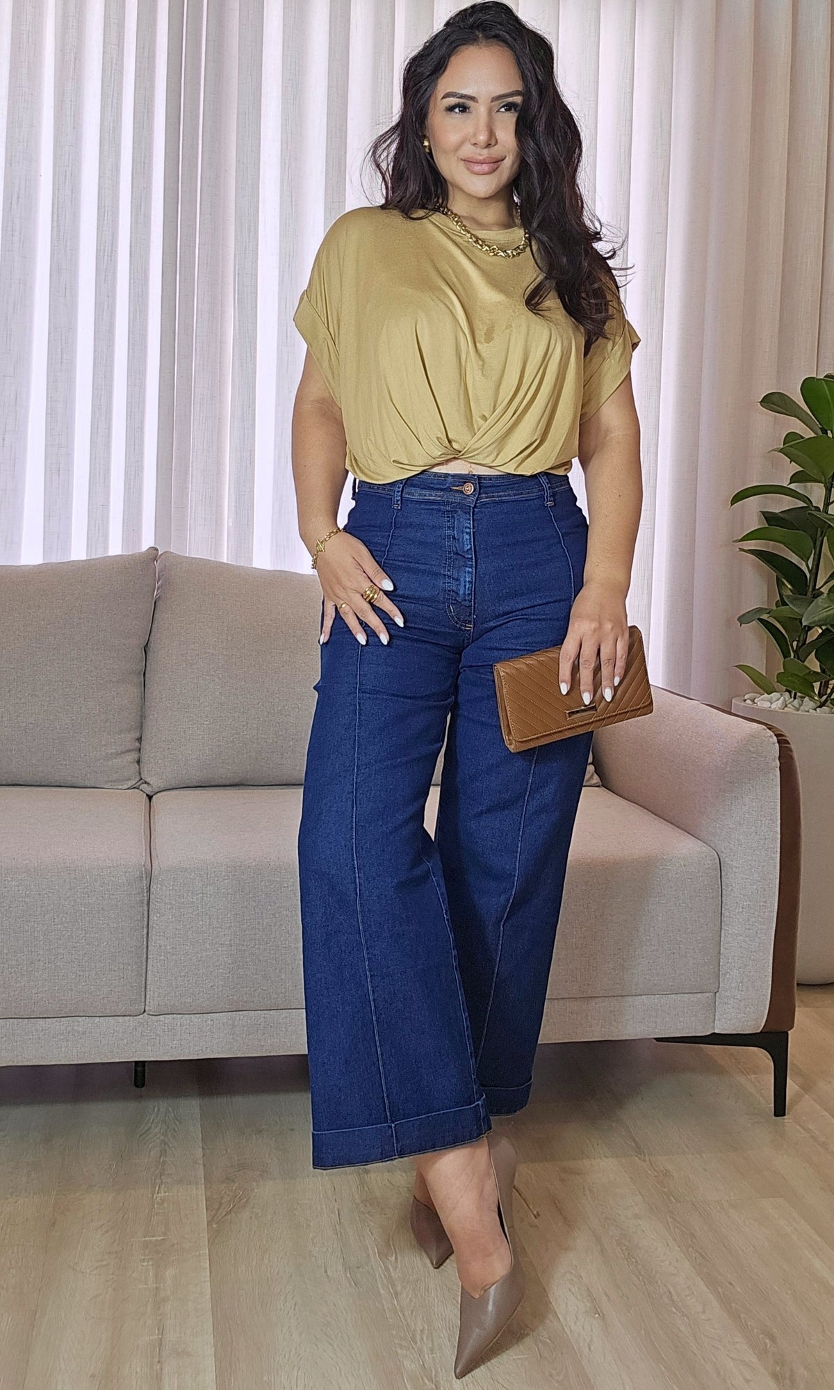Calça Jeans Wide Leg Feminina Cintura Alta Azul Escuro com Costura Marcada