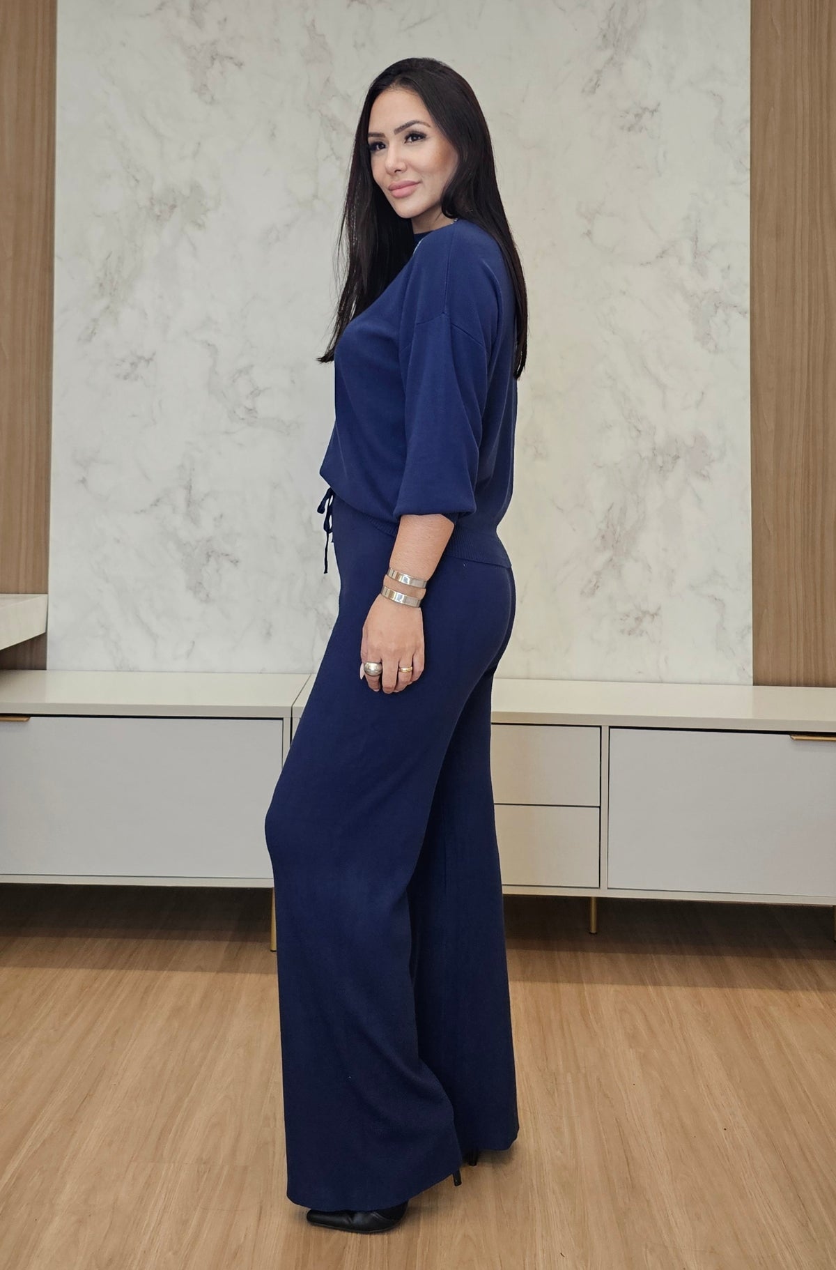 Conjunto Feminino Azul Marinho Elegante em Malha Premium