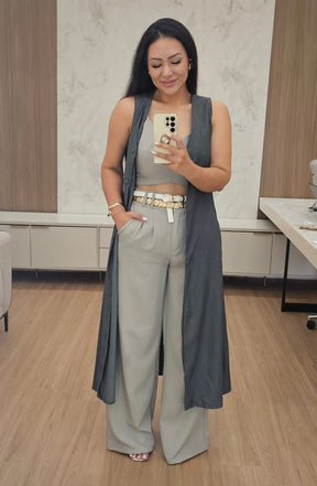 Calça Pantalona feminina cinza em Alfaiataria com cintura alta - Yuri