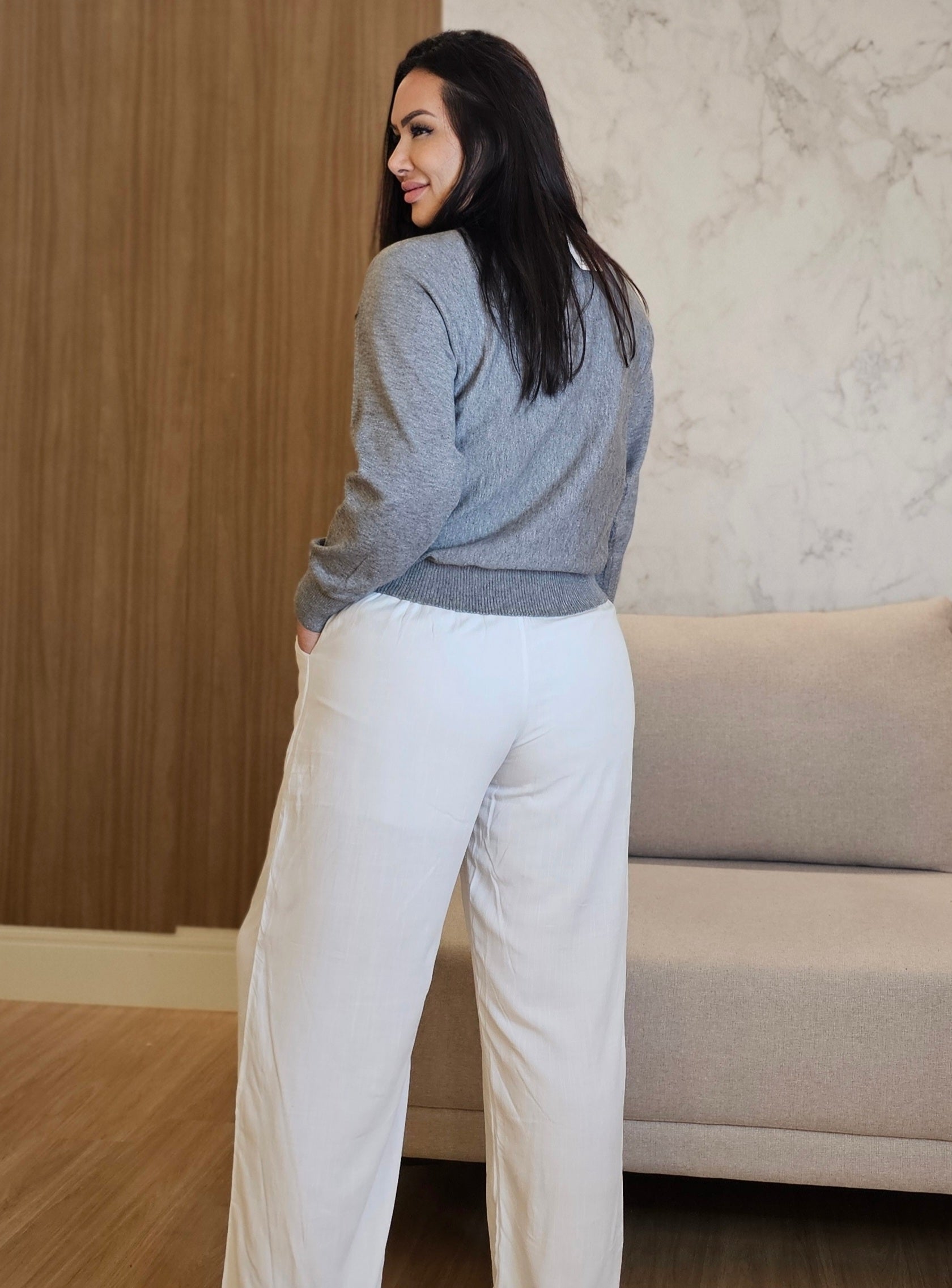 Blusa cinza Feminina Tricot com Detalhe Transpassado e Elastano