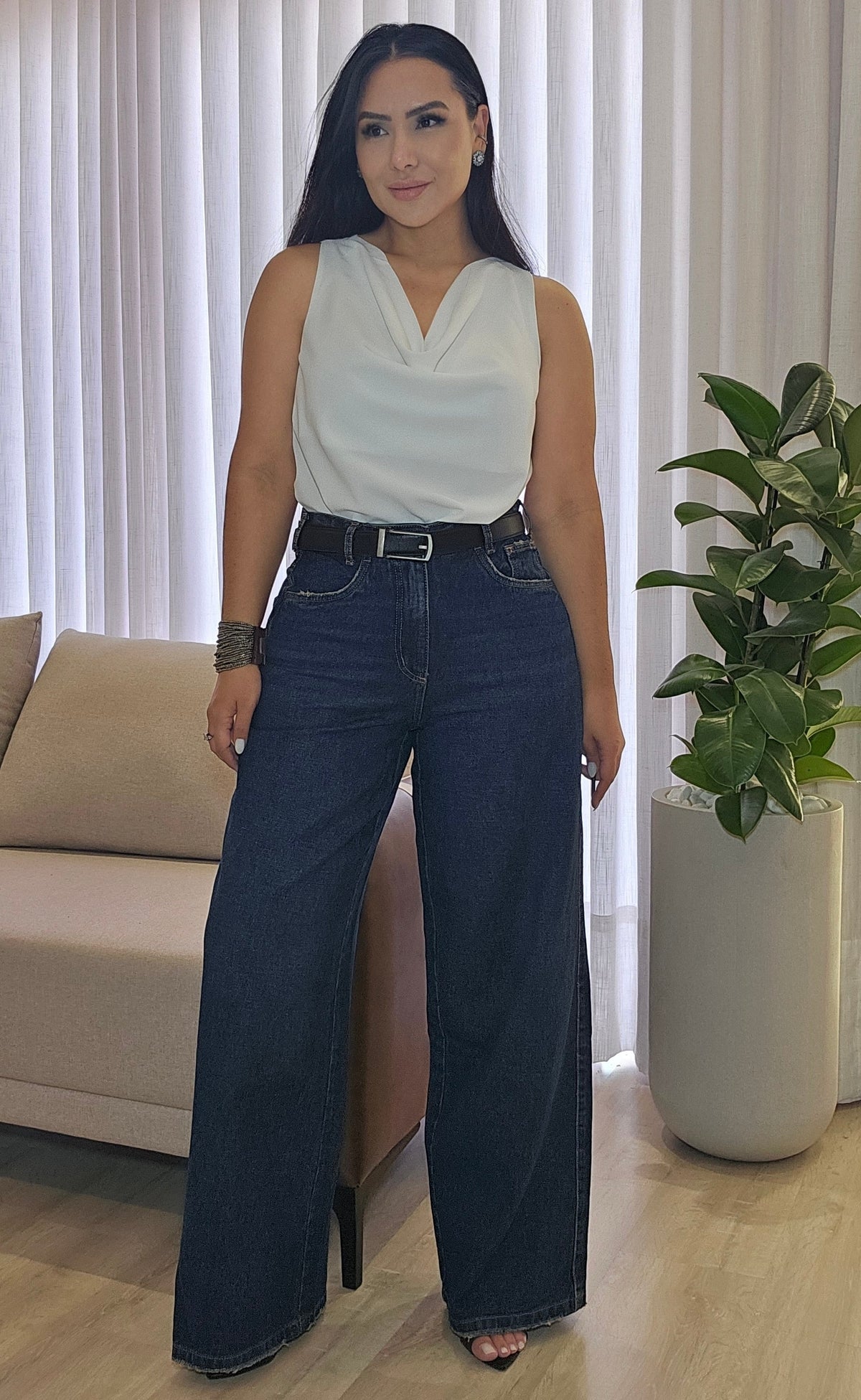 Calça Jeans Wide Leg Feminina 100% Algodão