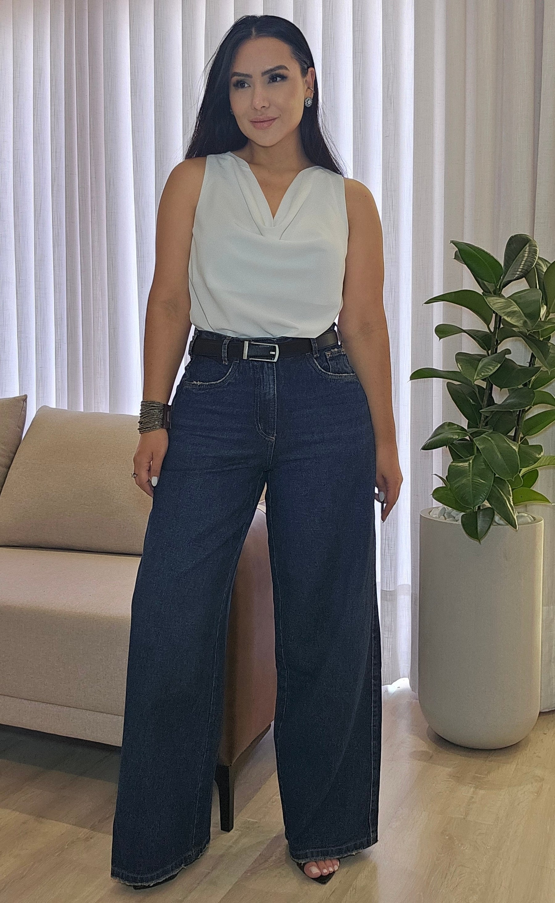 Calça Jeans Wide Leg Feminina 100% Algodão
