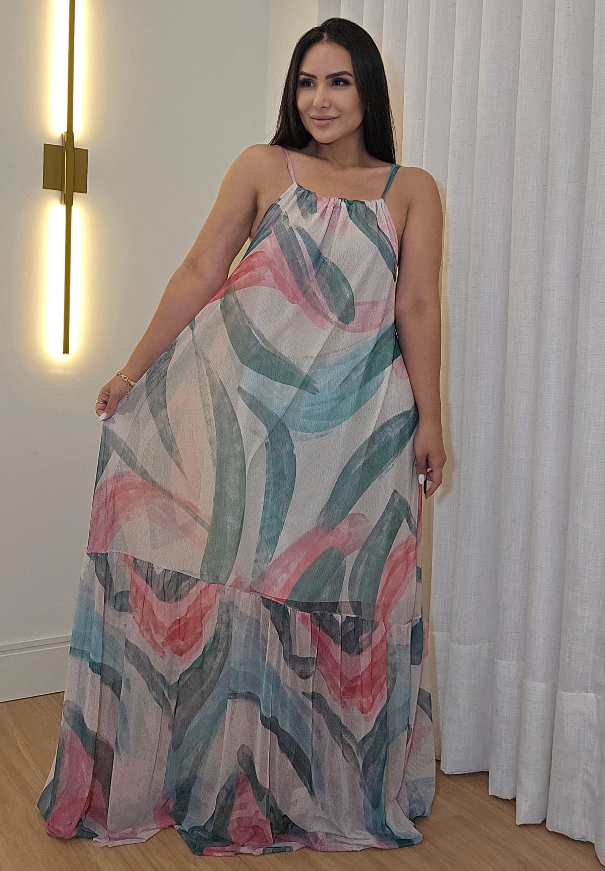 Vestido de Tule Estampado Feminino Longo Deslumbrante