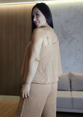 Conjunto Feminino de Tricô Premium Nude – Blusa Versátil e Calça com Dupla Possibilidade de Uso