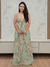 Vestido Longo fluido Estampado com decote de Amarração, forro, bojo e elástico