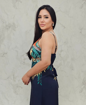 Vestido longo fluido azul marinho com estampa - Com forro, bojo e alças reguláveis