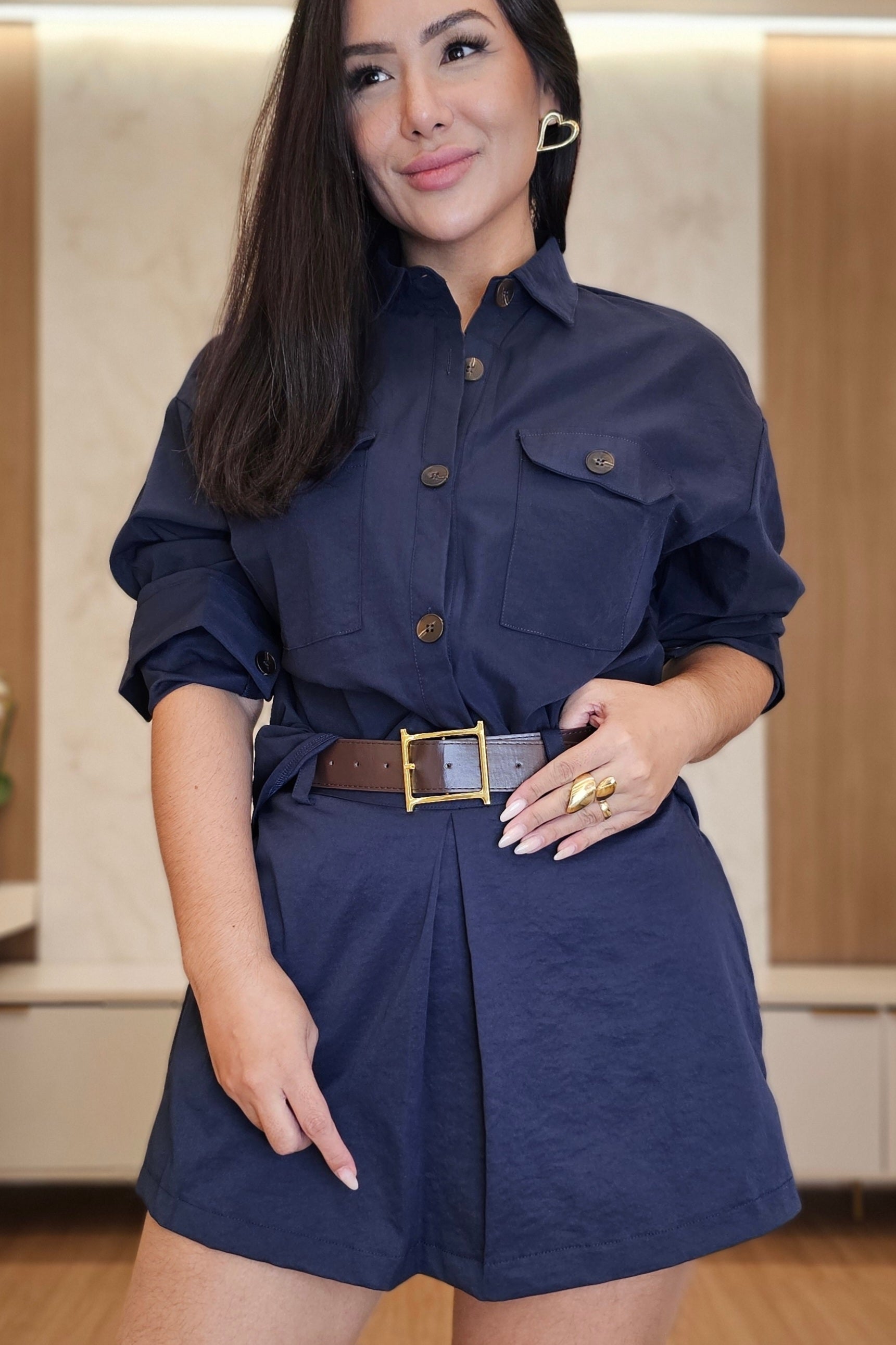 Short Saia Azul Marinho em Alfaiataria Premium