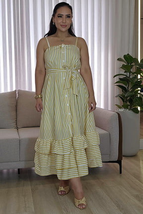 Vestido Listrado com Faixa e babados