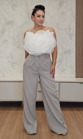 Calça Pantalona feminina cinza em Alfaiataria com cintura alta - Yuri