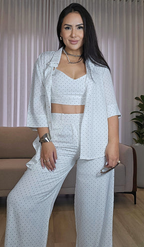 Trijunto Feminino Branco em Linho com Viscose Poá Preto – Camisa, Top e Calça