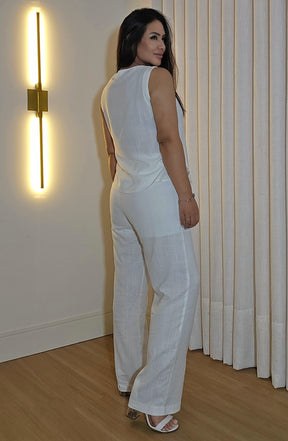 Conjunto Luxo feminino branco em linho com viscose