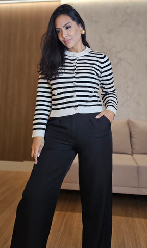 Cardigan Feminino Listrado em Modal Premium – Botões Funcionais