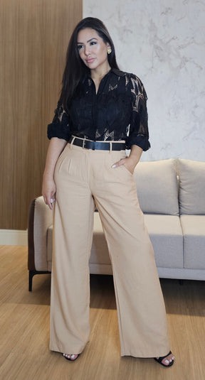 Calça Pantalona Feminina de Alfaiataria Nude – Caimento Impecável e Elegância Atemporal