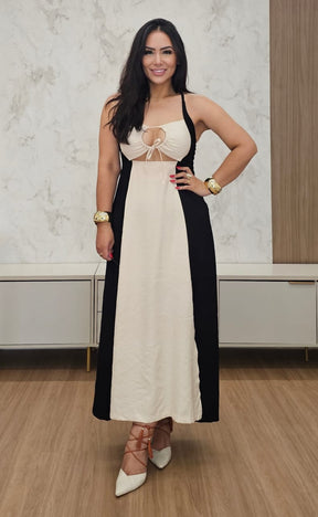 Vestido midi Bicolor com decote e alças ajustáveis