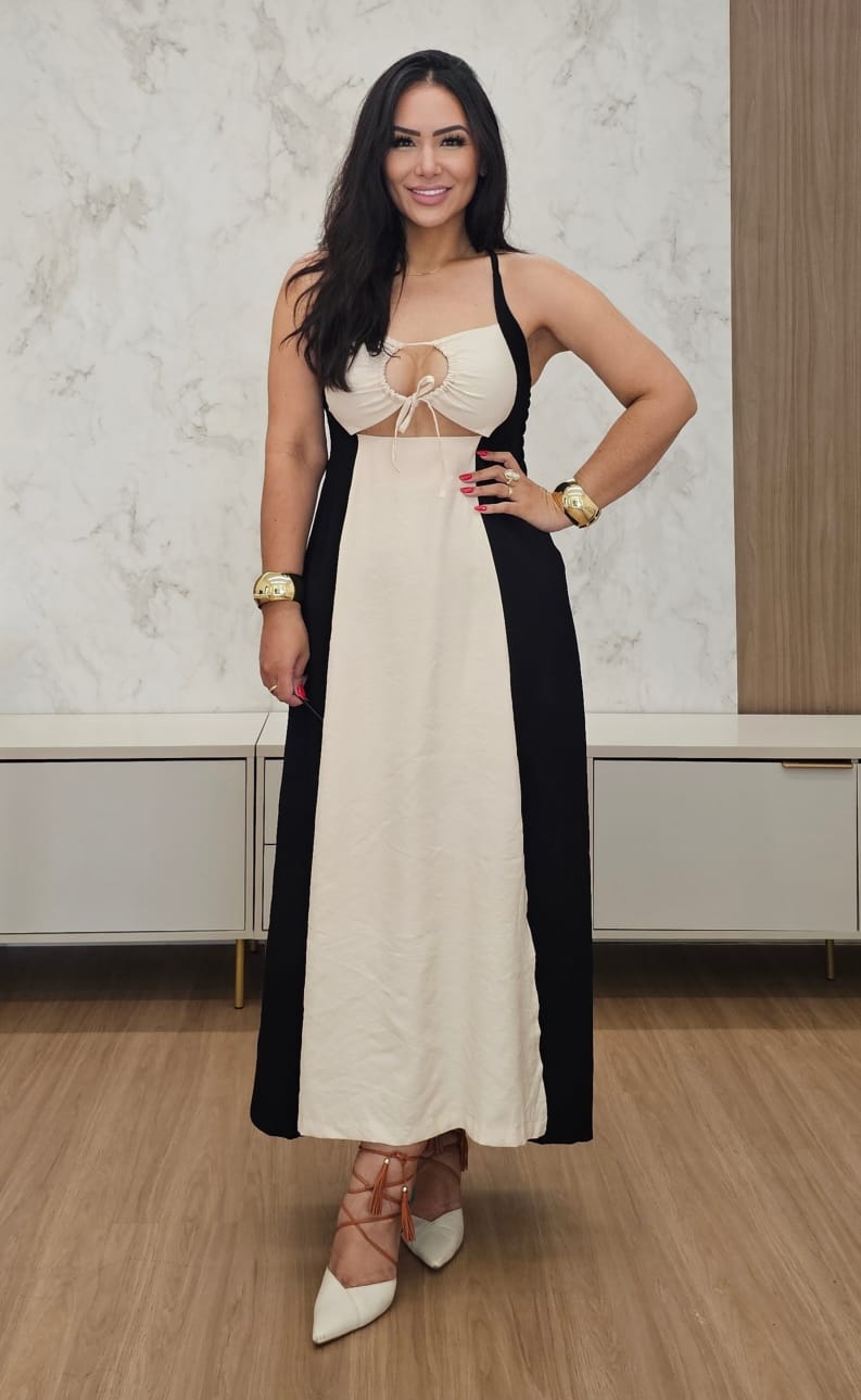 Vestido midi Bicolor com decote e alças ajustáveis