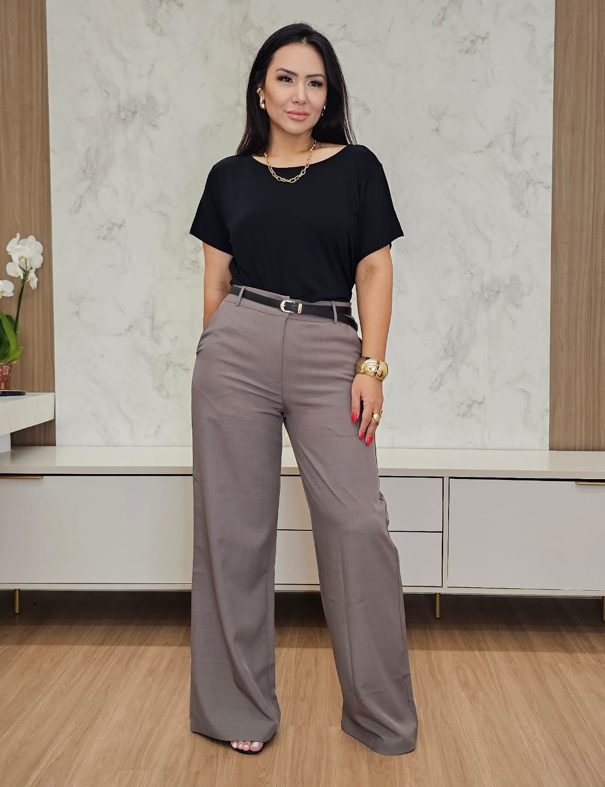 Calça Pantalona feminina cinza de Alfaiataria