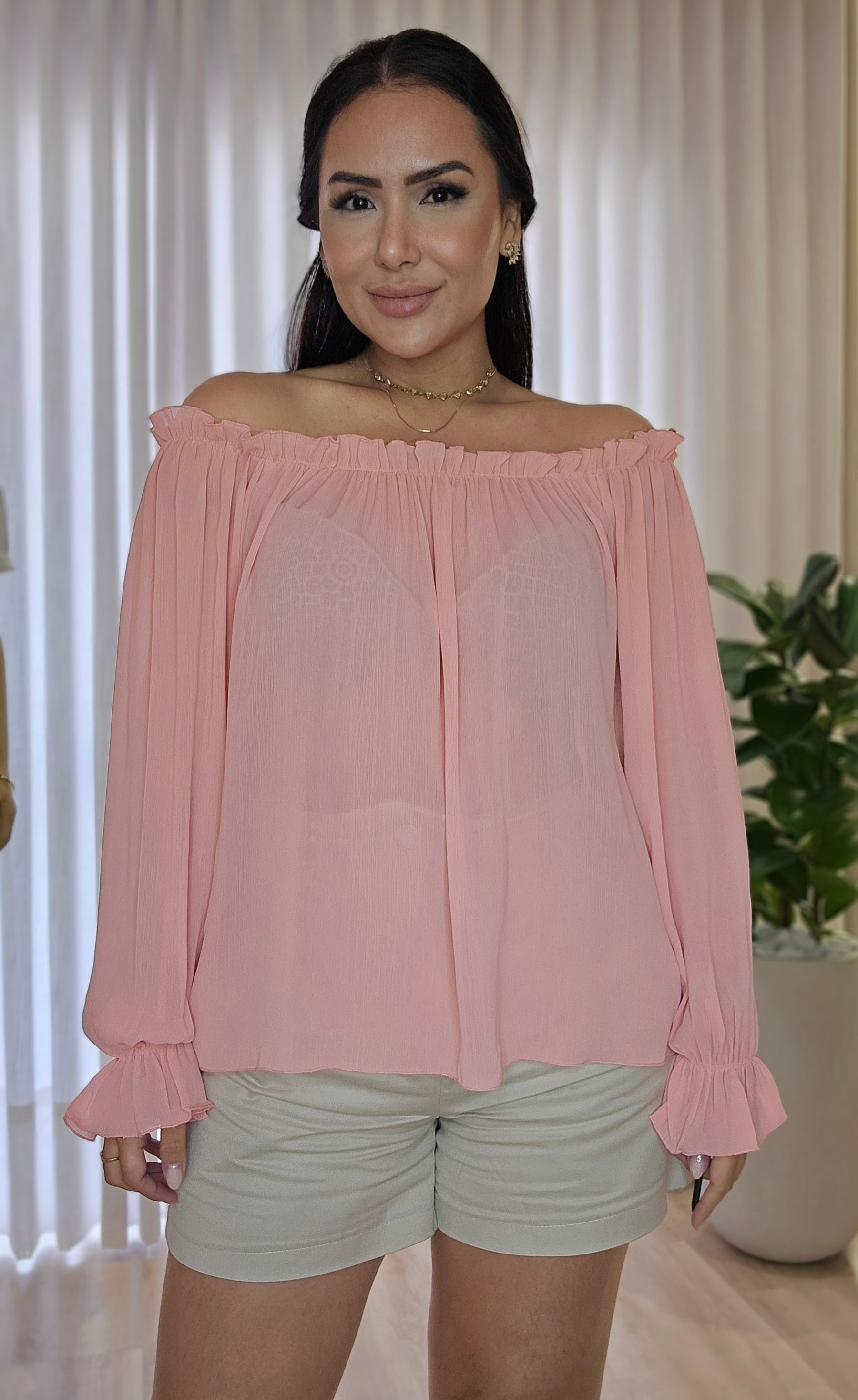 Bata Feminina Princesa Ombro a Ombro em Crepe Luxo – Rosa Blush