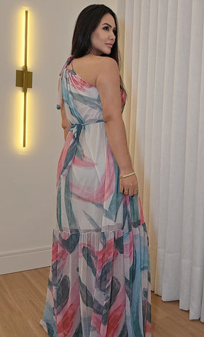 Vestido de Tule Estampado Feminino Longo Deslumbrante