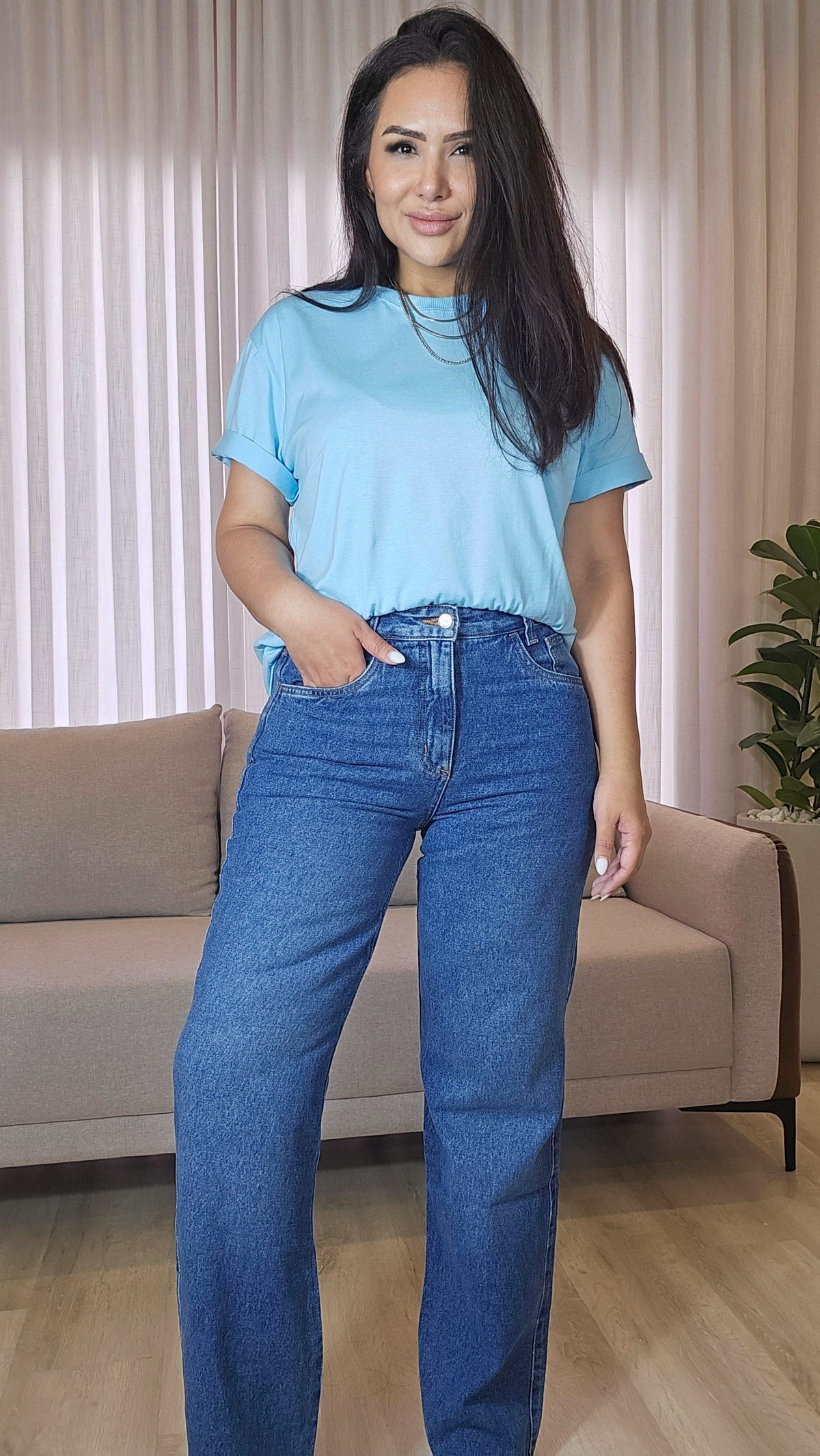Calça Jeans Feminina Reta 100% Algodão com Cintura Alta