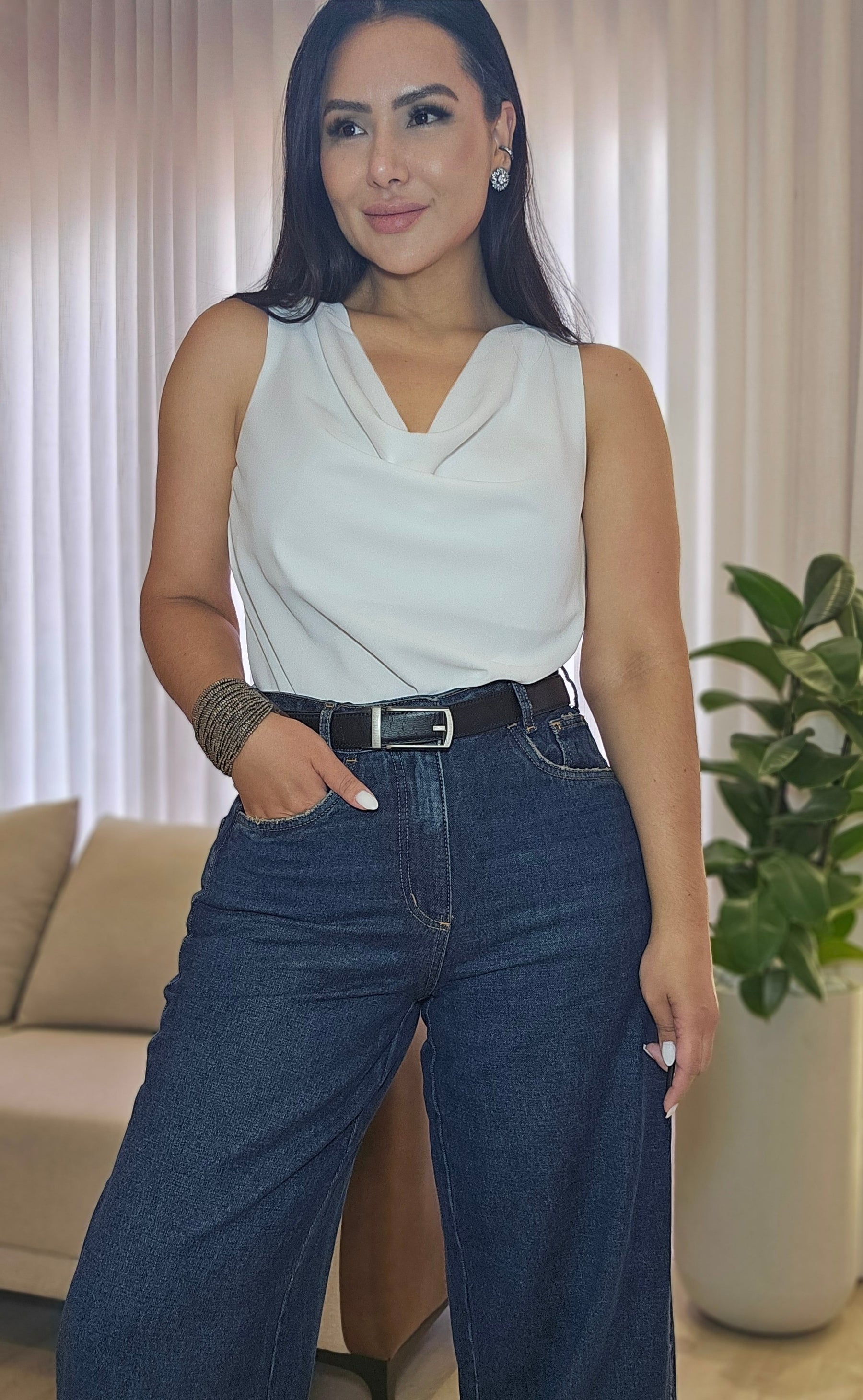 Calça Jeans Wide Leg Feminina 100% Algodão