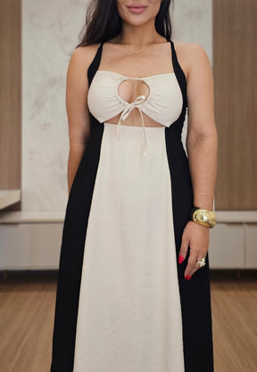 Vestido midi Bicolor com decote e alças ajustáveis