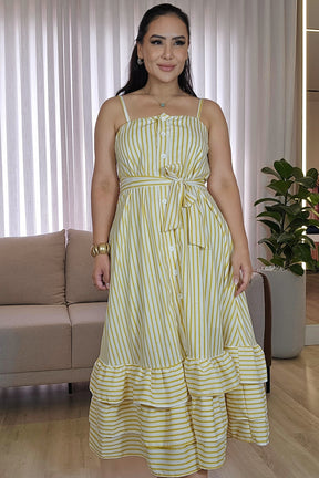 Vestido Listrado com Faixa e babados