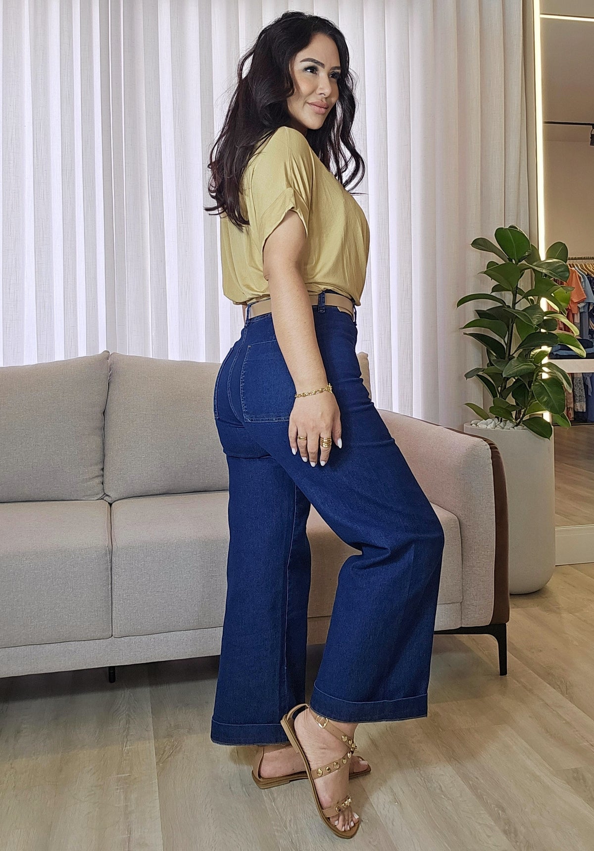 Calça Jeans Wide Leg Feminina Cintura Alta Azul Escuro com Costura Marcada