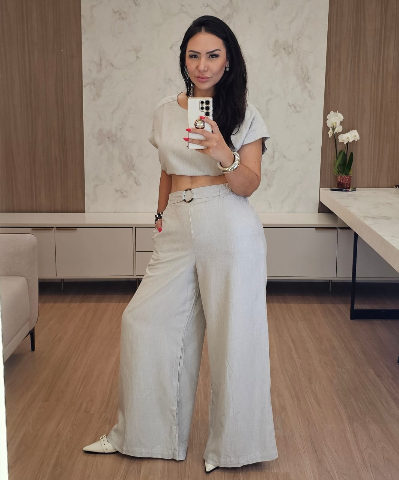 Conjunto Luxo Feminino de Pantalona - cinza claro