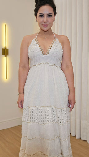 Vestido Longo Feminino em Laise com Detalhes Dourados