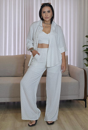 Trijunto Feminino Branco em Linho com Viscose Poá Preto – Camisa, Top e Calça