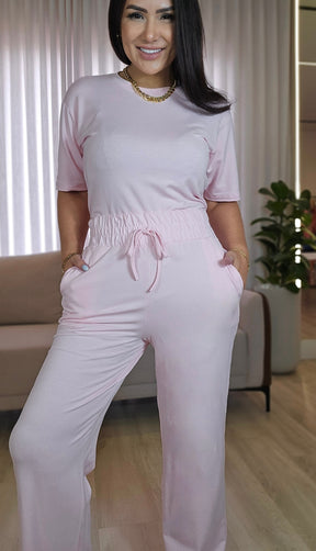 Conjunto feminino rosa com elastano