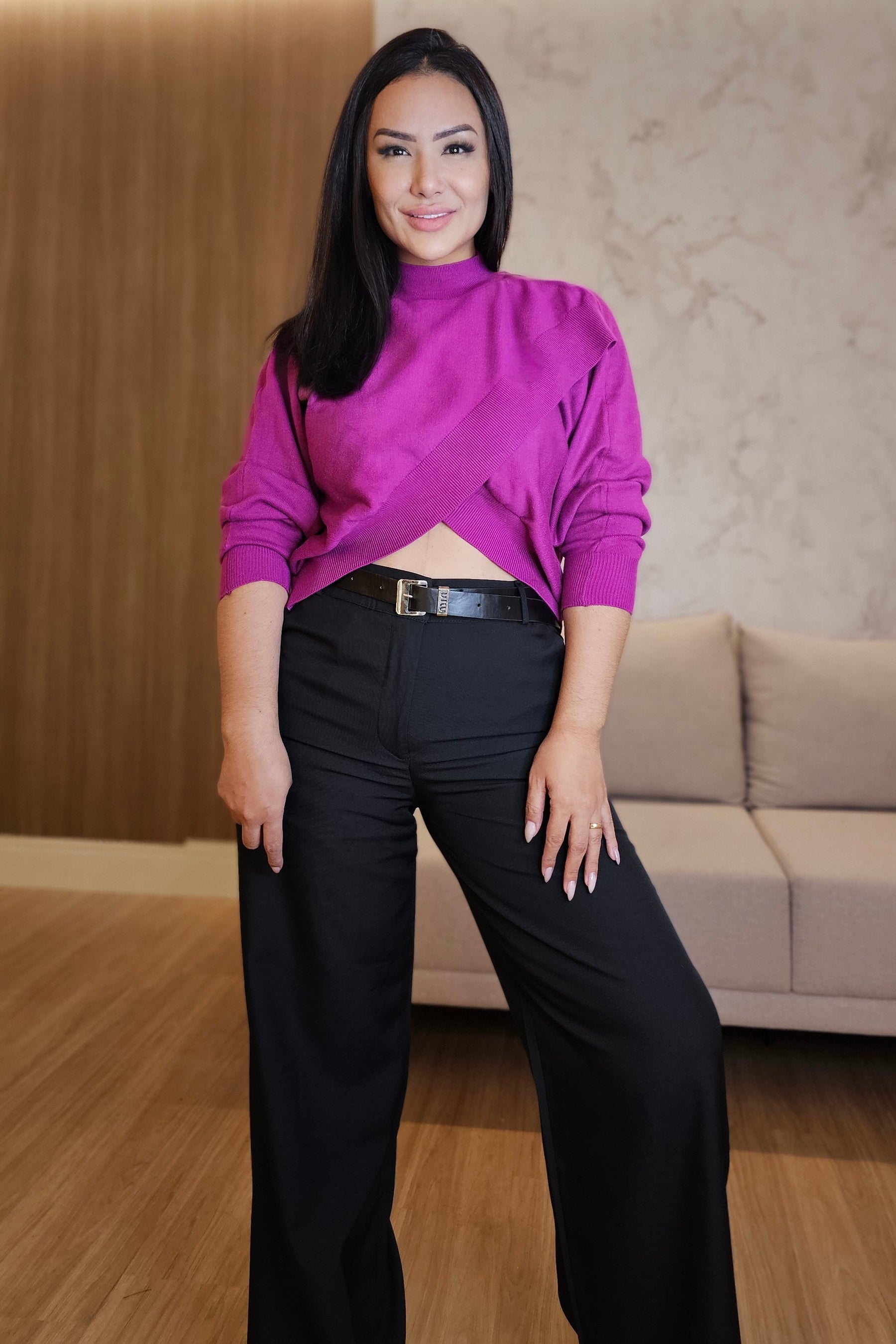 Blusa magenta Feminina Tricot com Detalhe Transpassado e Elastano