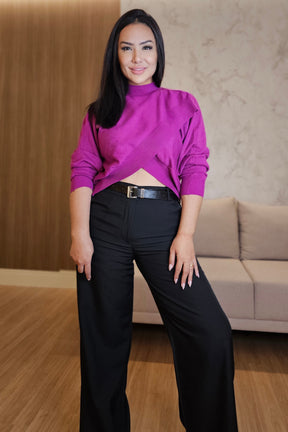 Blusa magenta Feminina Tricot com Detalhe Transpassado e Elastano