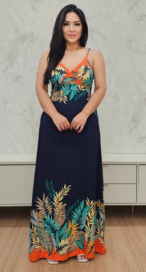 Vestido longo fluido azul marinho com estampa - Com forro, bojo e alças reguláveis