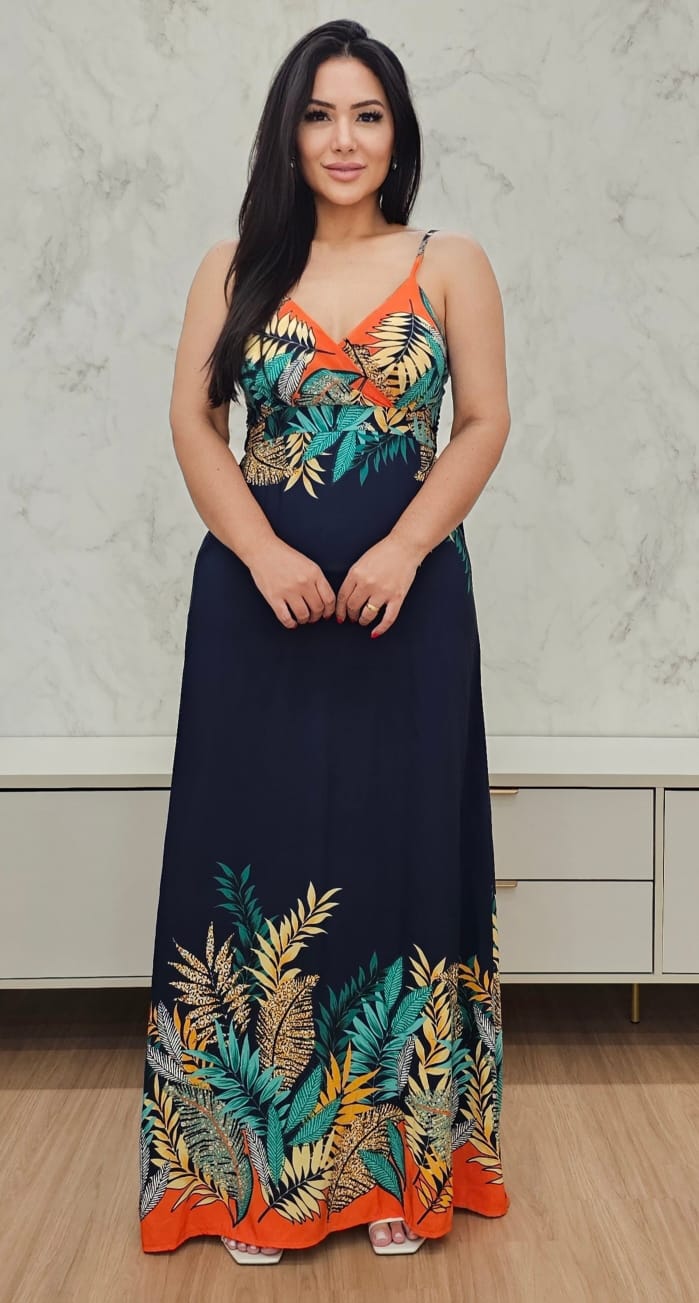 Vestido longo fluido azul marinho com estampa - Com forro, bojo e alças reguláveis