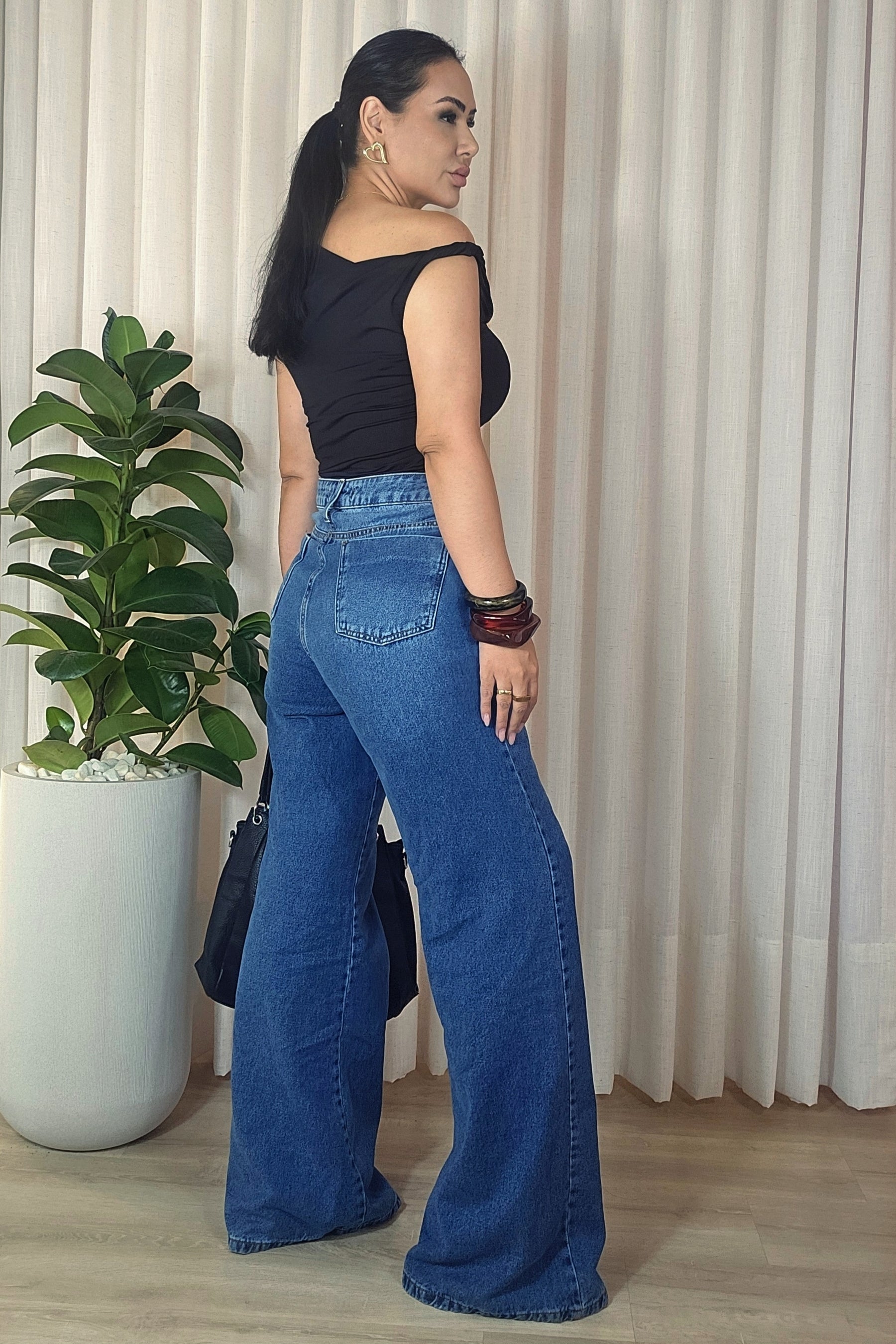 Calça Jeans Feminina Wide Leg Cintura Alta