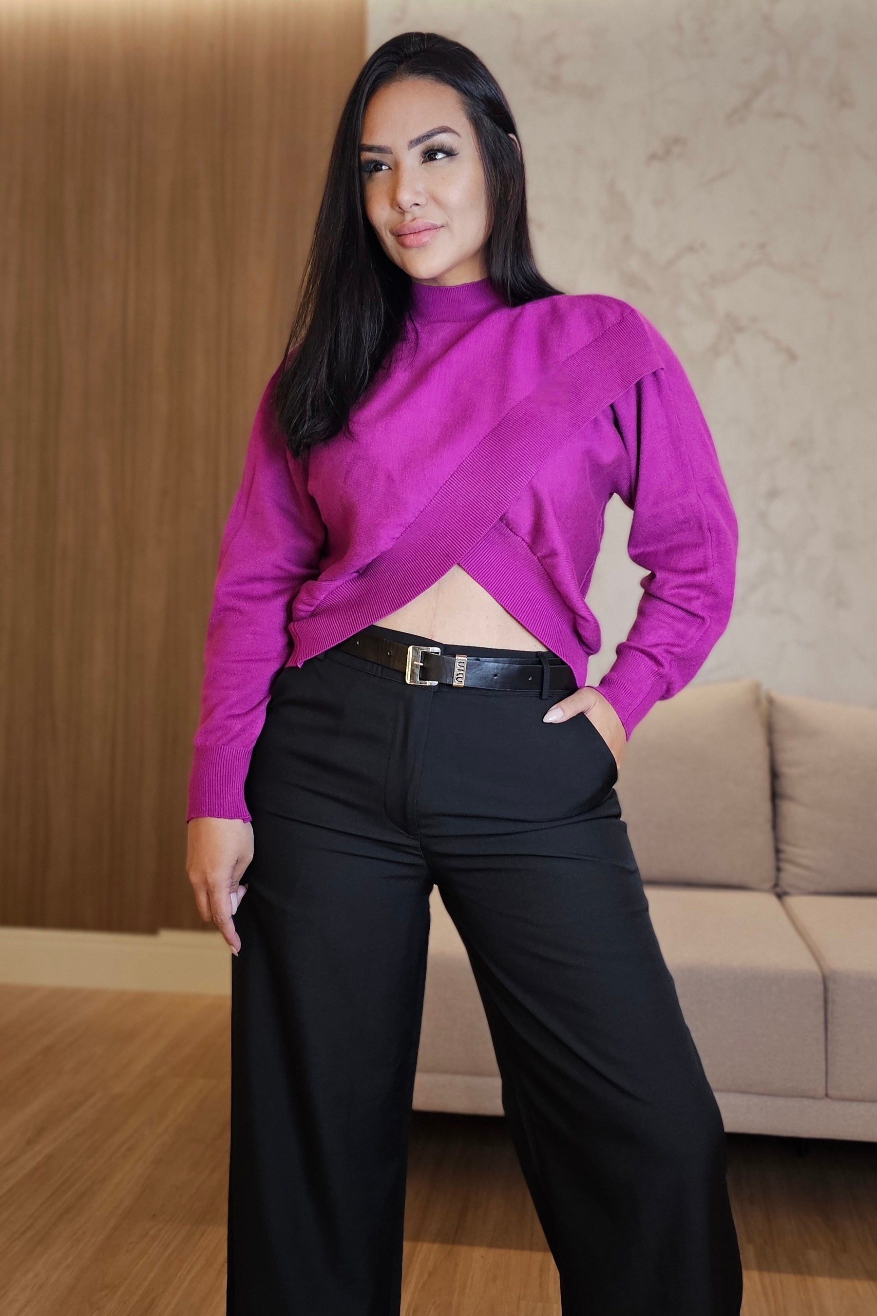 Blusa magenta Feminina Tricot com Detalhe Transpassado e Elastano