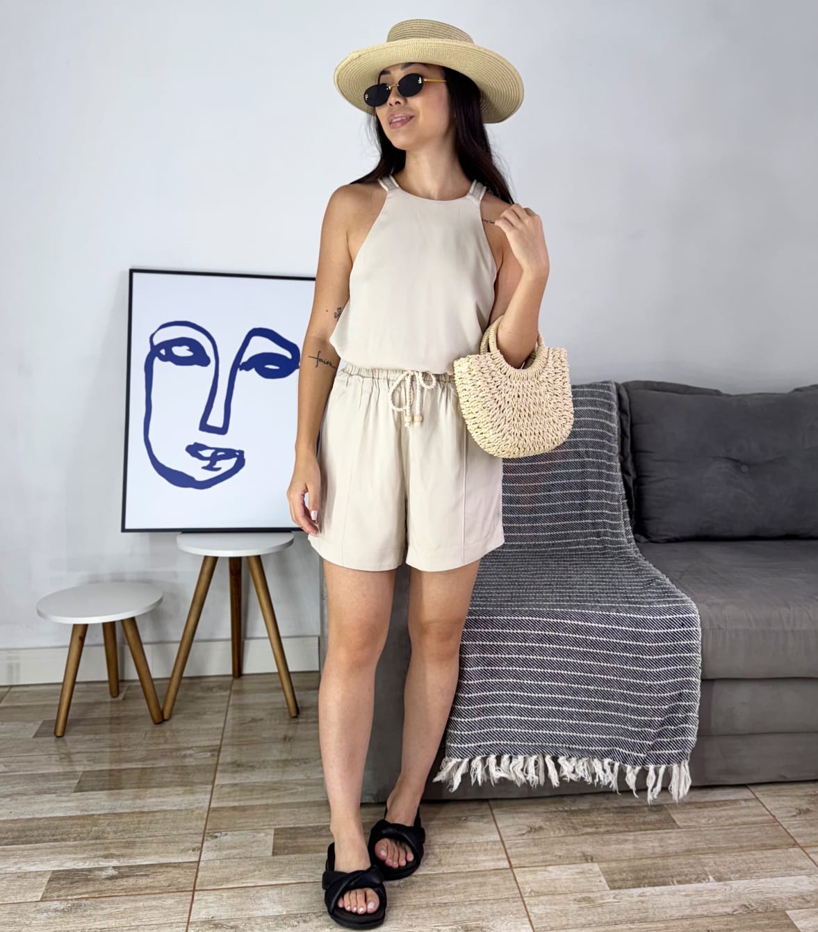 Conjunto feminino de Linho com Alças Trabalhadas - Maresias