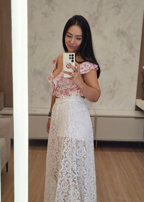 Saia Midi branca em Renda Premium
