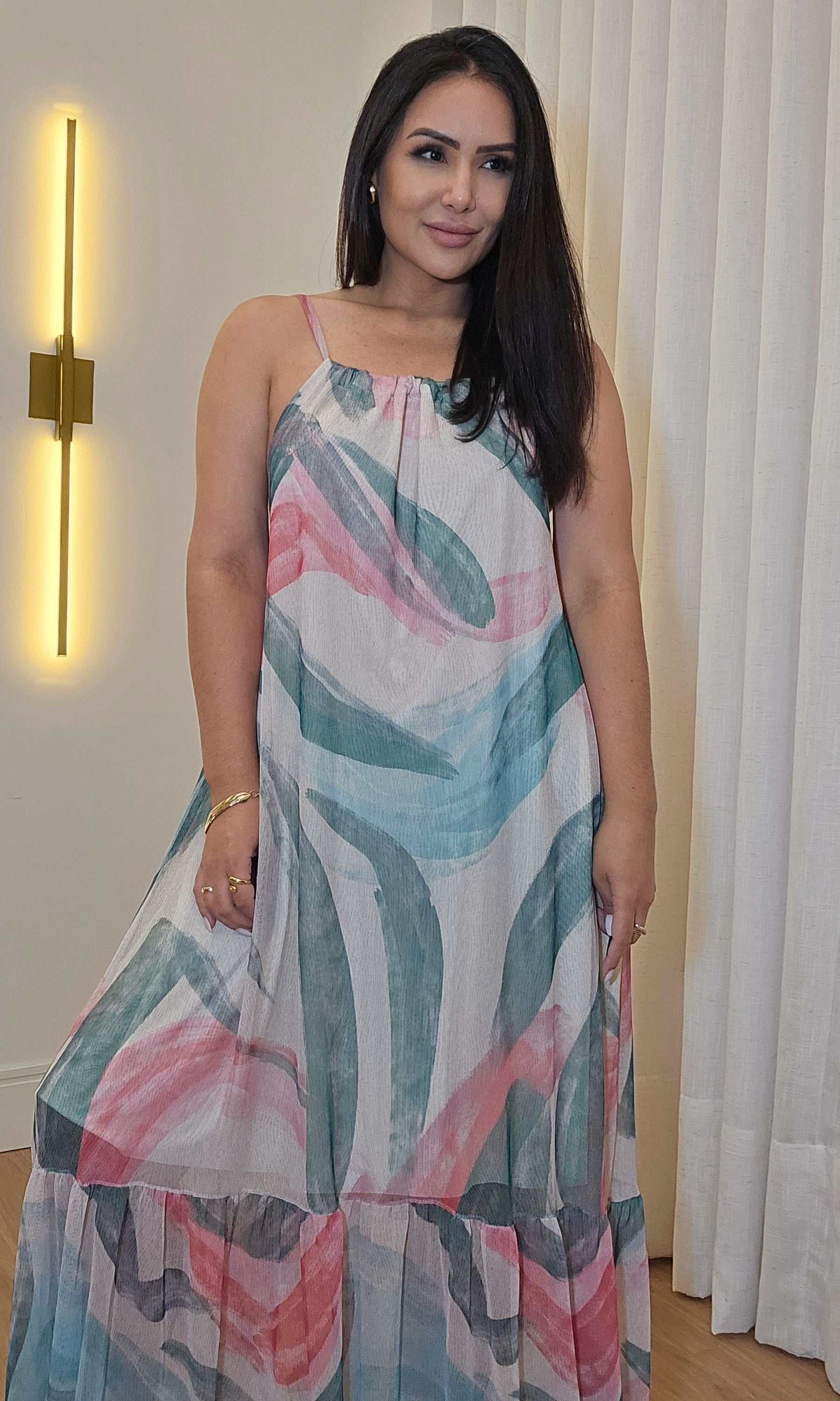 Vestido de Tule Estampado Feminino Longo Deslumbrante